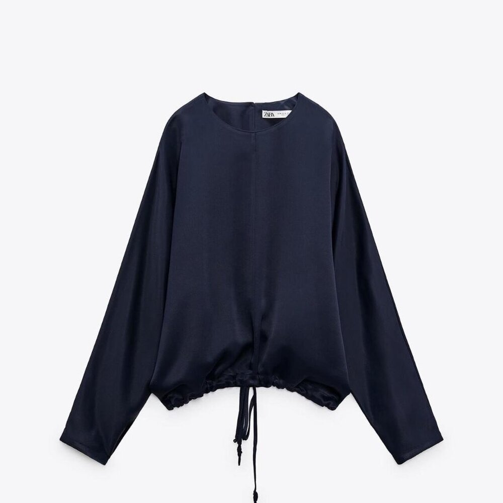 NWT Zara Navy Blue Satin Drawstring Blouse
